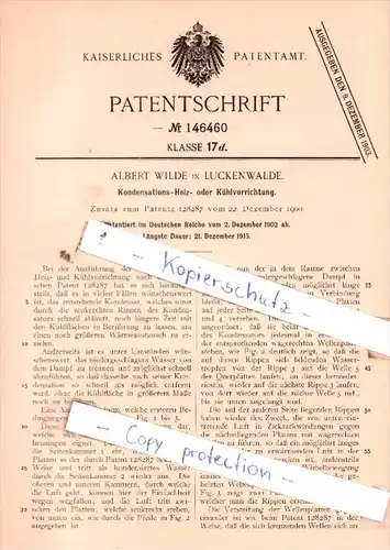 Original Patent  - Albert Wilde in Luckenwalde , 1902 , Kondensations- Heiz- oder Kühlvorrichtung !!!