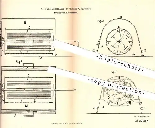 original Patent - C. A. Schmieder in Freiberg , 1883 , Mechanischer Kaffeebrenner | Kaffee rösten , Kaffeeröster !!!