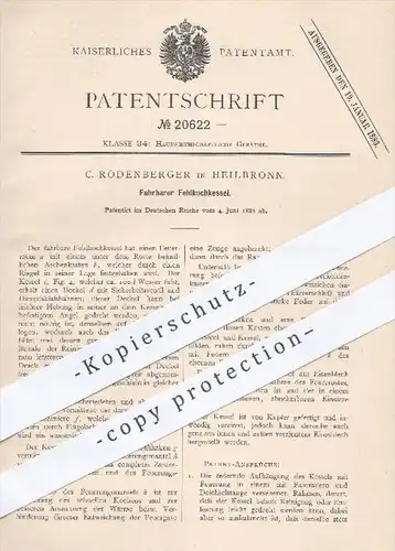 original Patent - C. Rödenberger in Heilbronn , 1882 , Fahrbarer Feldkochkessel | Kessel , Gulaschkanone , Kochen , Koch