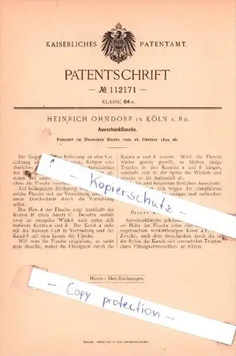 Original Patent  - Heinrich Ohndorf in Köln a. Rh. , 1899 , Ausschankflasche !!!