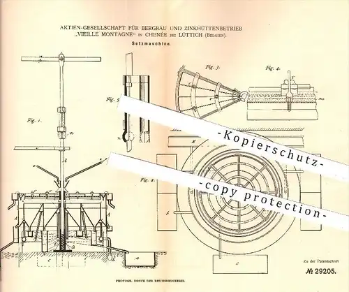 original Patent - AG Bergbau u. Zinkhüttenbetrieb Vielille Montagne , Chenée Lüttich Belgien , 1884 , Setzmaschine | Erz