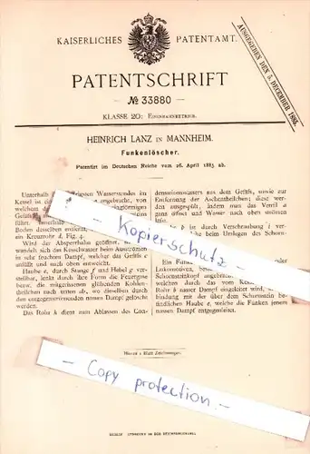 Original Patent  - Heinrich Lanz in Mannheim , 1885 , Funkenlöscher !!!