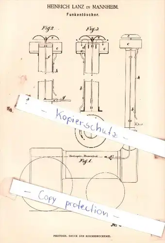 Original Patent  - Heinrich Lanz in Mannheim , 1885 , Funkenlöscher !!!