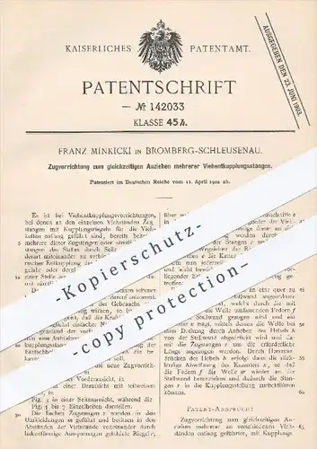 original Patent - Franz Minkicki , Bromberg Schleusenau , 1902 , Zugvorrichtung für mehrere Viehentkupplungsstangen !!