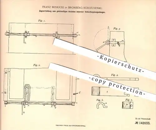 original Patent - Franz Minkicki , Bromberg Schleusenau , 1902 , Zugvorrichtung für mehrere Viehentkupplungsstangen !!