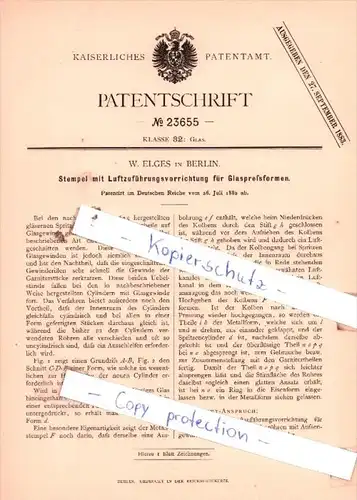 Original Patent  - W. Elges in Berlin , 1882 , Glas !!!
