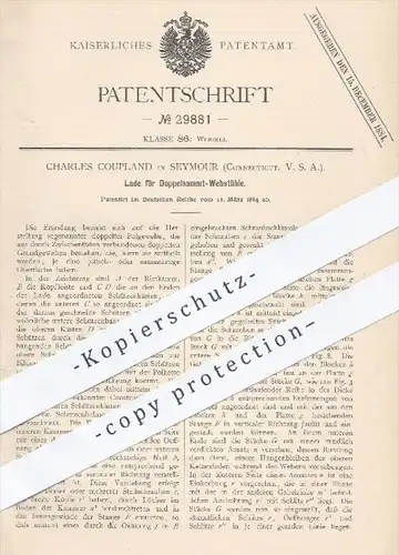 original Patent - Charles Coupland , Seymour , Connecticut , USA , 1884 , Lade für Doppelsamt - Webstühle | Webstuhl !!