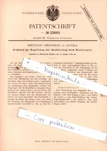 Original Patent  - Berthold Hirschburg in Altona , 1883 , Musikalische Instrumente !!!