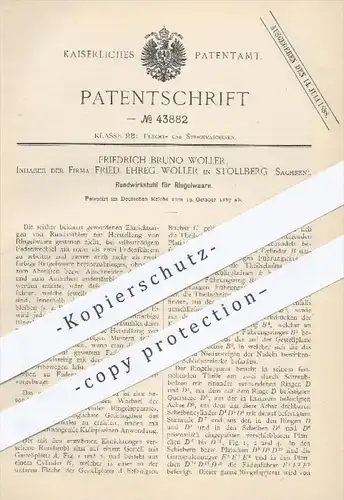 original Patent - Fr. B. Woller | Fried. Ehreg. Woller | Stollberg , 1887 , Rundwirkstuhl für Ringelware | Wirkstuhl !!!