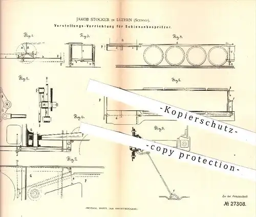 original Patent - Jakob Stocker in Luzern , Schweiz , 1883 , Verstellungs-Vorrichtung für Schienenbespritzer | Eisenbahn