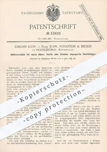 original Patent - Klein , Schanzlin & Becker / Frankenthal , 1885 , Verschluss für abgesperrte Rohrleitungen | Ventil !
