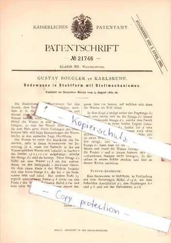 Original Patent  - Gustav Boegler in Karlsruhe , 1882 , Wasserleitung !!!