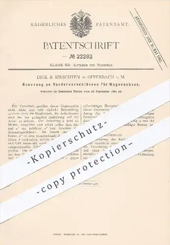 original Patent - Dick & Kirschten , Offenbach / Main  1882 , Vorderverschlüsse für Wagenachsen | Achse , Achsen , Wagen