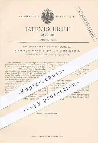 original Patent - E. Langensiepen , Solingen , 1882 , Befestigung von Schlittschuhen | Schlittschuh , Schlitten , Sport