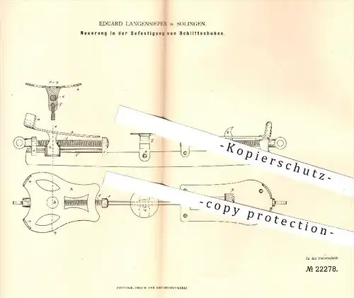 original Patent - E. Langensiepen , Solingen , 1882 , Befestigung von Schlittschuhen | Schlittschuh , Schlitten , Sport