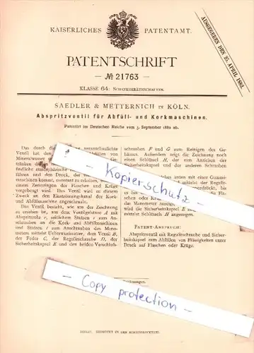 Original Patent  - Saedler & Metternich in Köln , 1882 , Schankgeräthschaften !!!