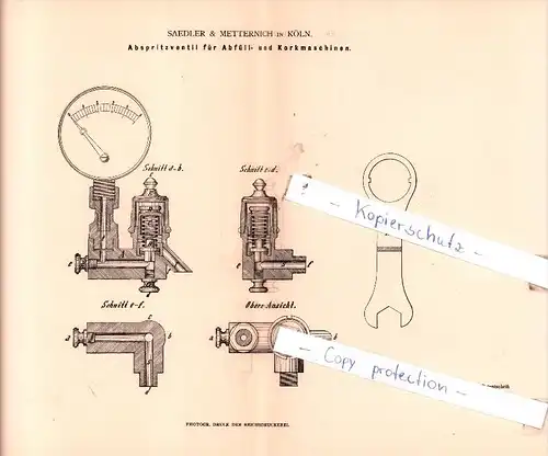 Original Patent  - Saedler & Metternich in Köln , 1882 , Schankgeräthschaften !!!