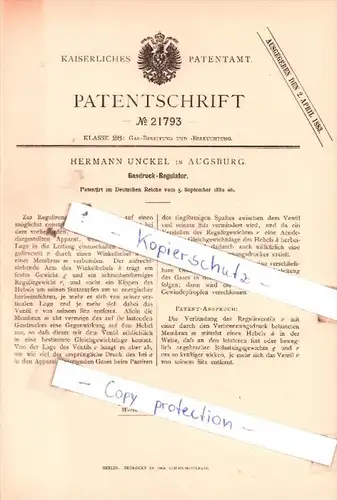 Original Patent  - Hermann Unckel in Augsburg , 1882 , Gasdruck-Regulator !!!