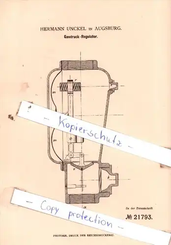 Original Patent  - Hermann Unckel in Augsburg , 1882 , Gasdruck-Regulator !!!