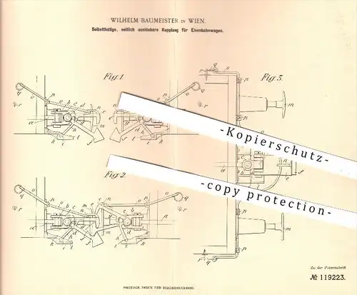 original Patent - Wilhelm Baumeister in Wien , 1900 , Kupplung für Eisenbahnwagen | Eisenbahn , Eisenbahnen , Kupplungen