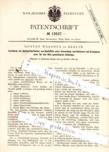 Original Patent  - Gustav Wassmus in Berlin , 1880 , Spiritusfabrikation aus Kartoffeln !!!