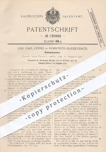 original Patent - Joh. Carl Zenses , Remscheid Haddenbach , 1902 , Schwanzhammer | Hammer , Metall , Metallbearbeitung !