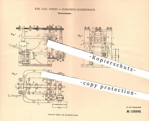 original Patent - Joh. Carl Zenses , Remscheid Haddenbach , 1902 , Schwanzhammer | Hammer , Metall , Metallbearbeitung !