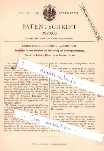 Original Patent  - G. Zische in Deuben bei Dresden , 1881 , Herstellung von Schmirgelwerkzeugen !!!