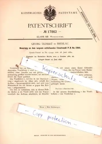Original Patent  - Georg Teinert in Breslau , 1881 , Wasserleitung !!!