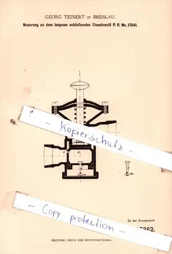 Original Patent  - Georg Teinert in Breslau , 1881 , Wasserleitung !!!