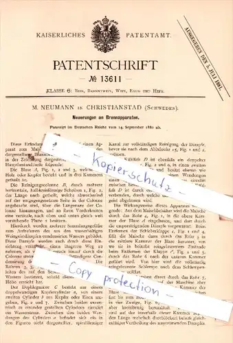 Original Patent  - M. Neumann in Christianstad , Schweden , 1880 , Neuerungen an Brennapparaten !!!