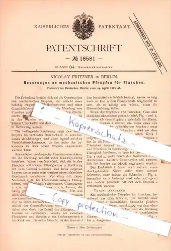 Original Patent  - Nicolay Fritzner in Berlin , 1881 , Pfropfen für Flaschen !!!