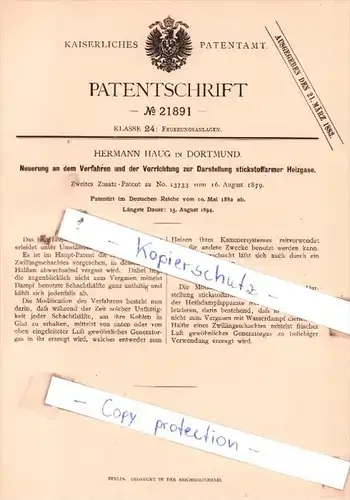 Original Patent  - Hermann Haug in Dortmund , 1882 , Feuerungsanlagen !!!