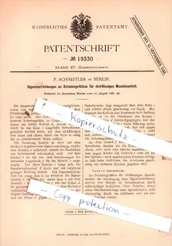 Original Patent  - P. Schneitler in Berlin , 1881 , Maschinenelemente !!!