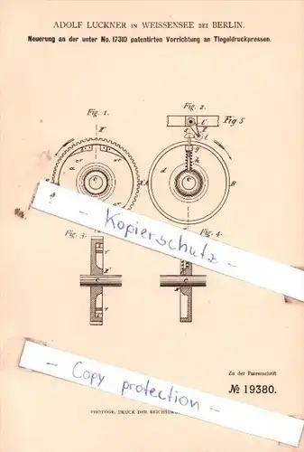 Original Patent  - Adolf Luckner in Weissensee bei Berlin , 1882 , Druckerei !!!