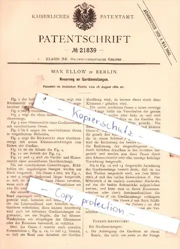 Original Patent  - Max Ellow in Berlin , 1882 , Neuerung an Gardinenstangen !!!