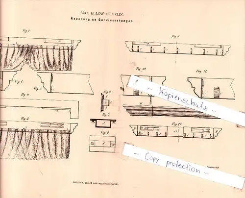 Original Patent  - Max Ellow in Berlin , 1882 , Neuerung an Gardinenstangen !!!