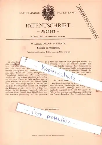 Original Patent  - Wilmar Orlop in Berlin , 1883 , Neuerung an Centrifugen !!!