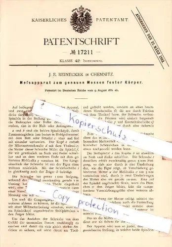 Original Patent  - J. E. Reinecker in Chemnitz , 1881 , Instrumente !!!