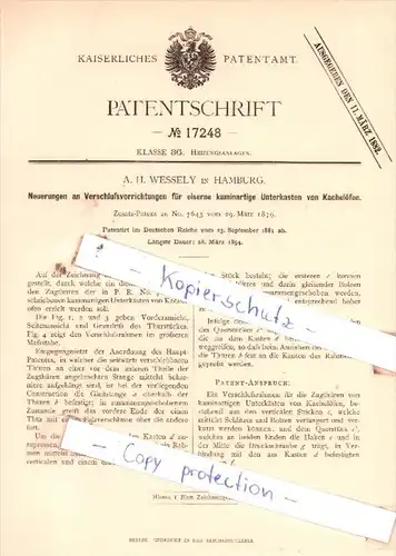 Original Patent  - A. H. Wessely in Hamburg , 1881 , Heizungsanlagen !!!