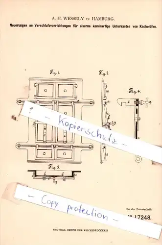 Original Patent  - A. H. Wessely in Hamburg , 1881 , Heizungsanlagen !!!