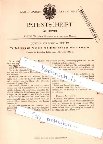 Original Patent  - Gustav Strache in Berlin , 1881 , Pressen von Horn- und Steinnuß-Knöpfen !!!