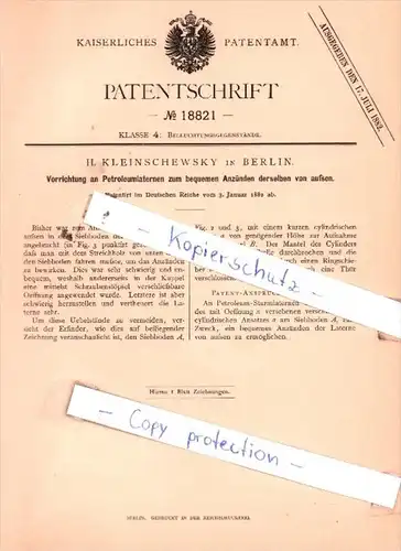 Original Patent  - H. Kleinschewsky in Berlin , 1882 , Beleuchtungsgegenstände !!!