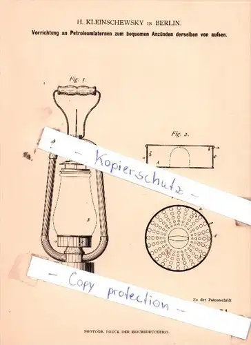 Original Patent  - H. Kleinschewsky in Berlin , 1882 , Beleuchtungsgegenstände !!!