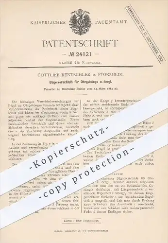 original Patent - G. Rentschler , Pforzheim , 1883 , Bügelverschluss für Ohrgehänge | Ohrringe , Schmuck , Goldschmied !