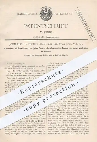 original Patent - John Zerr , Keokuk , Grafschaft Lee , Jowa , USA , 1883 , Feuerleiter | Leiter , Feuer , Feuerwehr !!