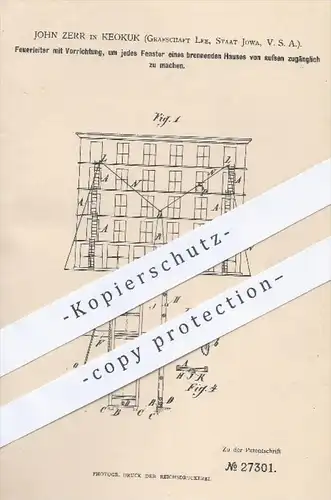 original Patent - John Zerr , Keokuk , Grafschaft Lee , Jowa , USA , 1883 , Feuerleiter | Leiter , Feuer , Feuerwehr !!