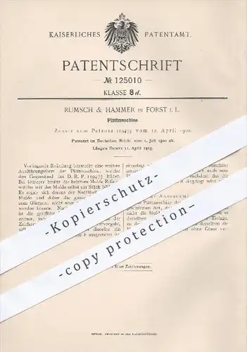 original Patent - Rumsch & Hammer in Forst , 1900 , Plättmaschine | Plätten , Bügeln , Mangel , Wäsche , Papier !!!