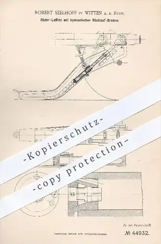 original Patent - Robert Seelhoff , Witten / Ruhr , 1888 , Räder - Laffete mit hydraulischer Rücklauf - Bremse | Waffen