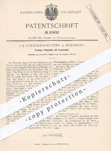 original Patent - J. K. Strössenreuther in Nürnberg , 1884 , Taschen - Tintenfass mit Federhalter | Tinte , Schreibfeder